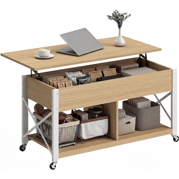 Mesa centro elevable con ruedas 105x50x67cm compartimento oculto madera blanco