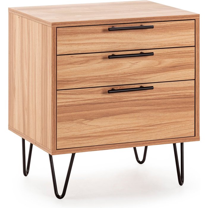 Mesita de noche alma 3 cajones color madera, pies metálicos