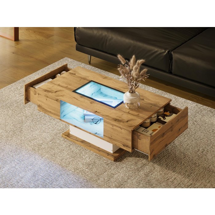 Mesa de centro con led - mdf - 2 cajones - natural