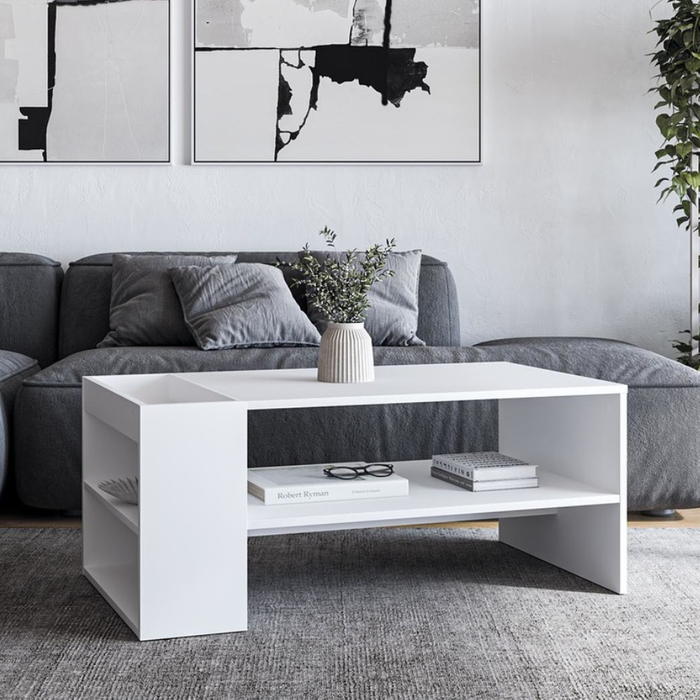 Mesa de centro contemporánea blanca 100 x 55 cm con estantes lorie