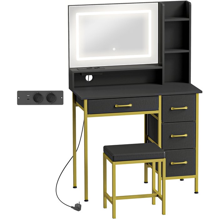 Tocador de maquillaje homcom melamina de madera, acero negro 88x40x134 cm