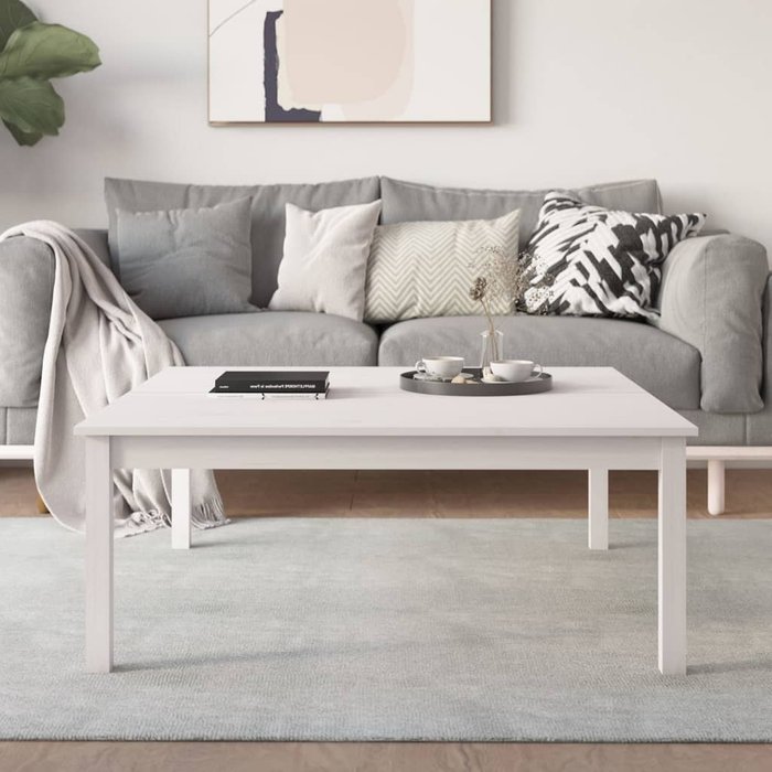 Mesa de centro blanca de 100x100x40 cm, de madera maciza de pino.