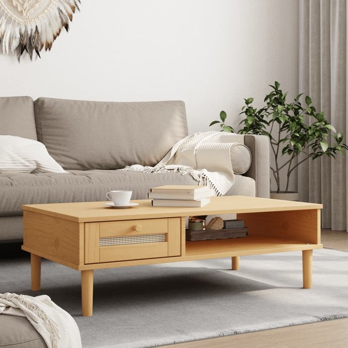Mesa de centro senja, aspecto de ratán marrón, 100x55x33 cm, madera maciza.