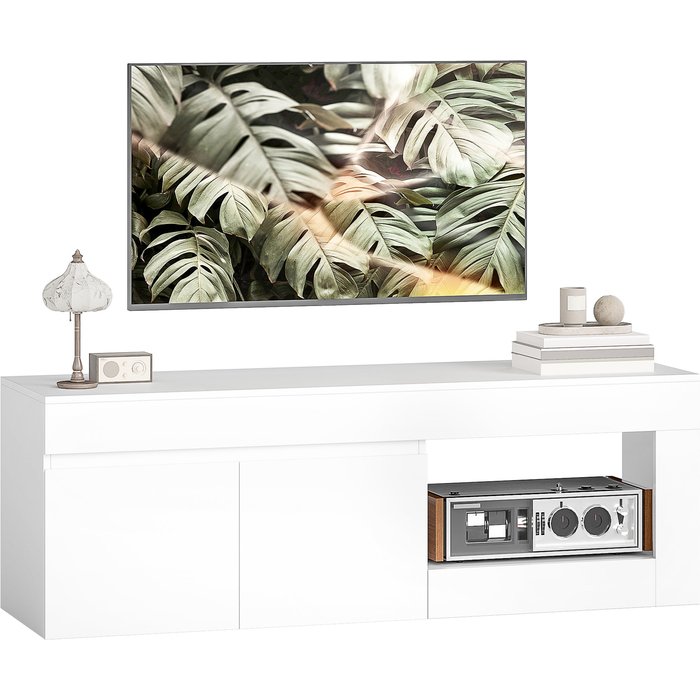Mueble tv moderno 140cm blanco 2 puertas estante abierto televisores hasta 60