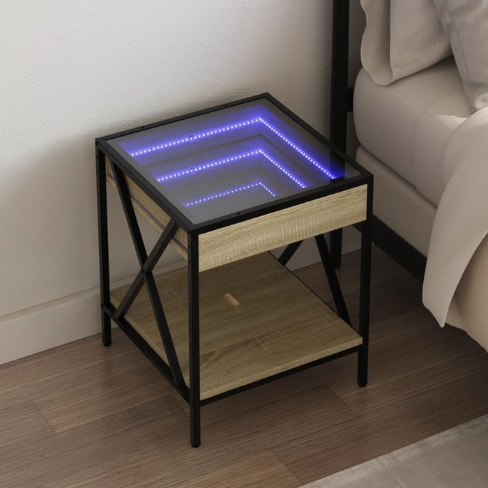Mesita de noche con led infinito, roble sonoma, 40x40x49 cm