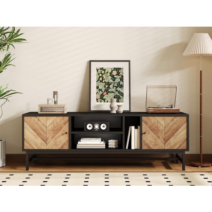 Mueble tv 150x38x55cm - con estantes y 2 puertas - natural + negro