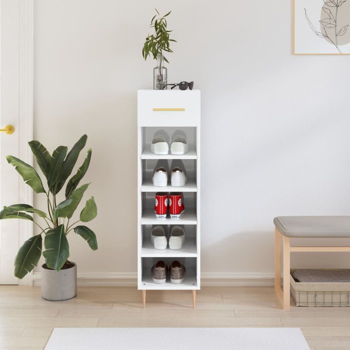 Zapatero blanco brillante, 30x35x105 cm, madera de ingeniería.