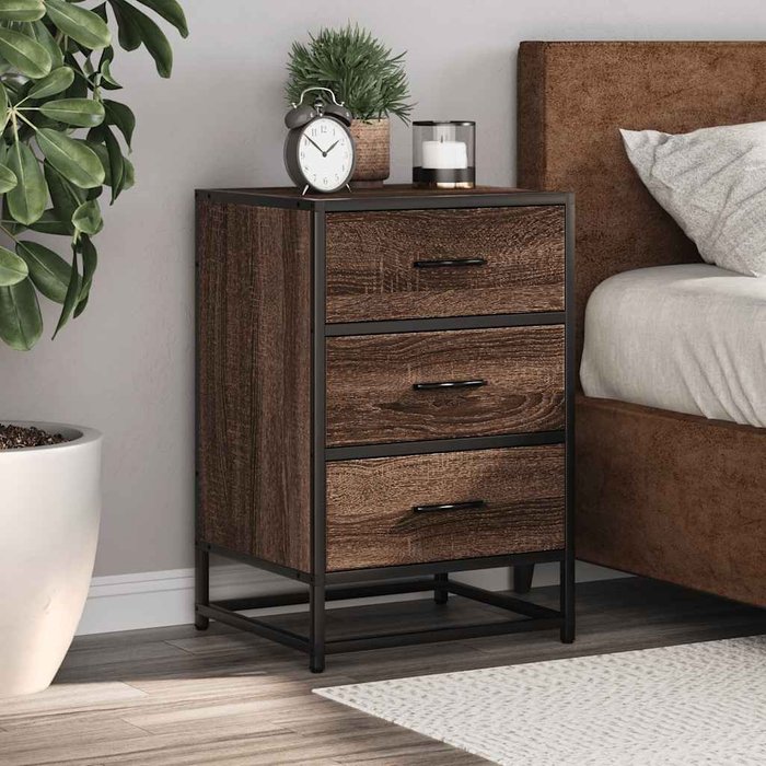 Mesita de noche de roble marrón 40x34,5x60cm madera contrachapada metal