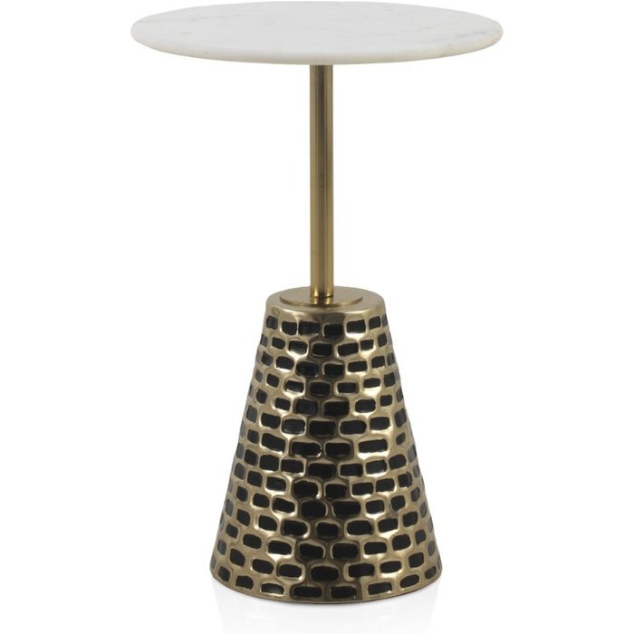 Mesa auxiliar con base de metal oro antique y sobre de mármol blanco