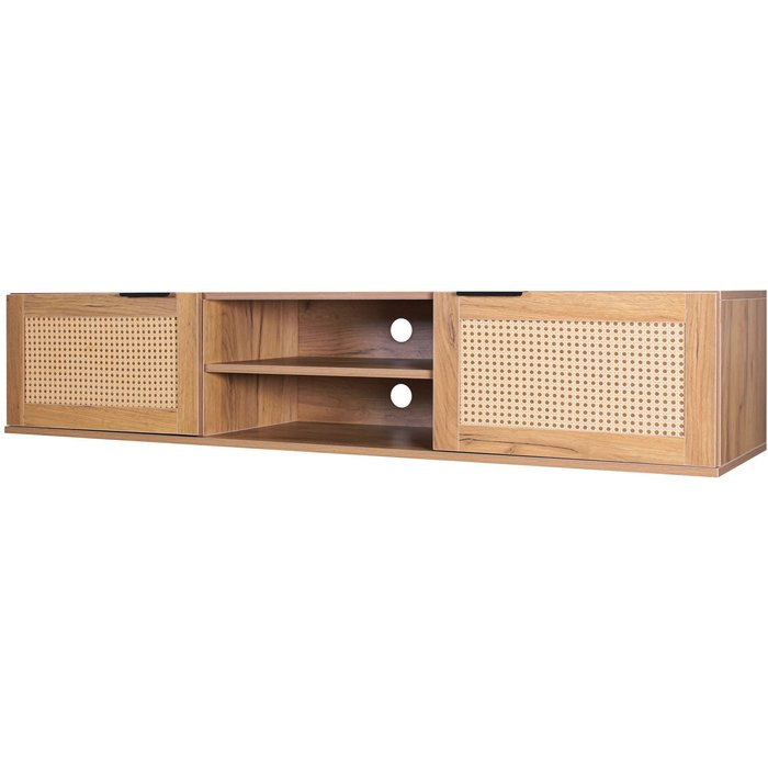 Jacala - mueble de tv de madera y ratán, 2 puertas y 2 vanos abiertos