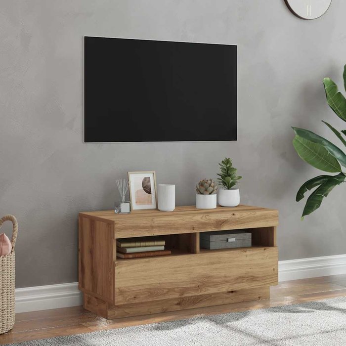 Mueble tv luces led madera ingeniería roble artisan 80x35x40 cm