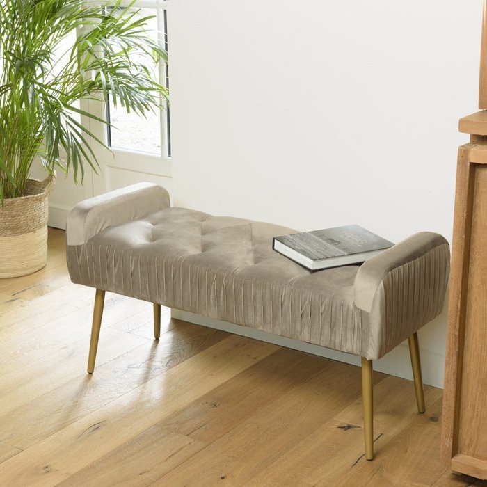 Albane - banco de cama de terciopelo topo con patas de metal dorado