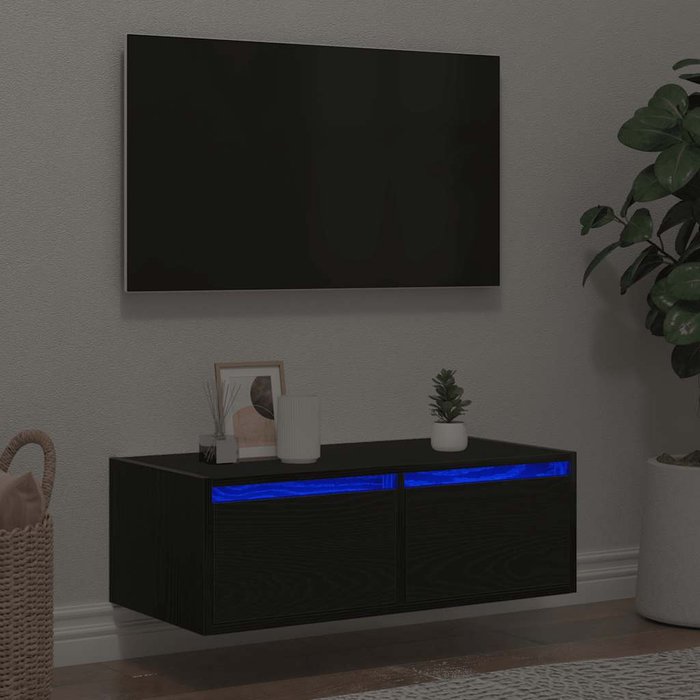 Mueble tv con luces led roble negro 75x35,5x25 cm
