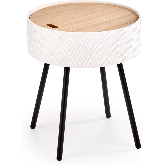 Mesa de centro redonda blanca con almacenaje y patas de metal negro canopée