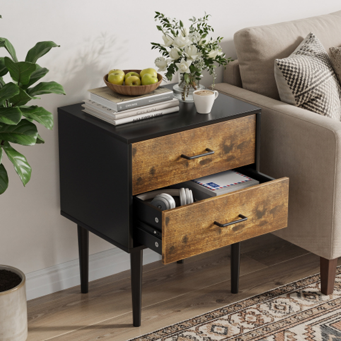 Mesita de noche 51x38x66 cm, 2 cajones, estilo retro, mdf, color marrón antiguo