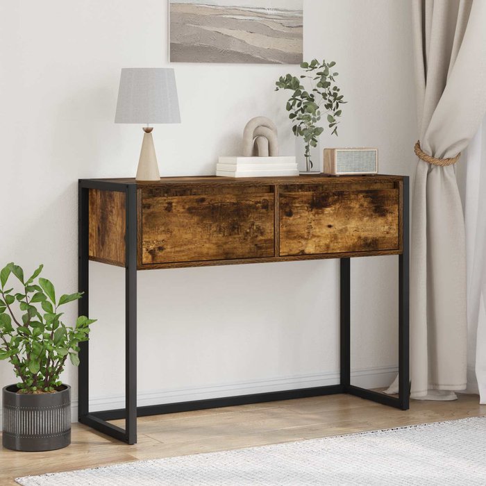 Mesa auxiliar de roble ahumado, 100 x 36 x 75 cm, madera de ingeniería.