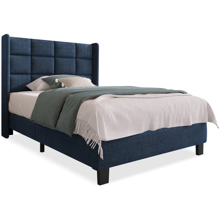 Cama para adultos 90x200 cm, cama para niños, cabecero, lino, azul, sin colchón