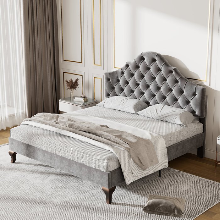 Cama tapizada de 90 x 200 cm con cabecero regulable - terciopelo - color gris