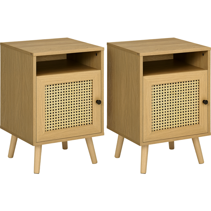Set 2 mesitas de noche con puertas de mimbre 39x35x60cm madera natural
