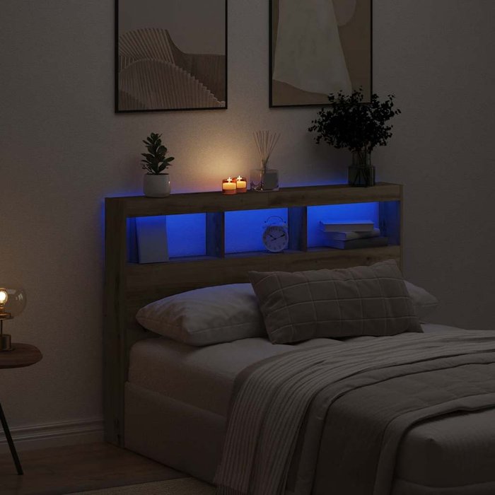 Cabecero de cama con luz led, roble artesanal, 140x17x102 cm
