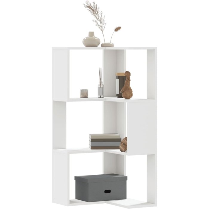 Librería esquinera de madera de ingeniería blanca de 3 niveles