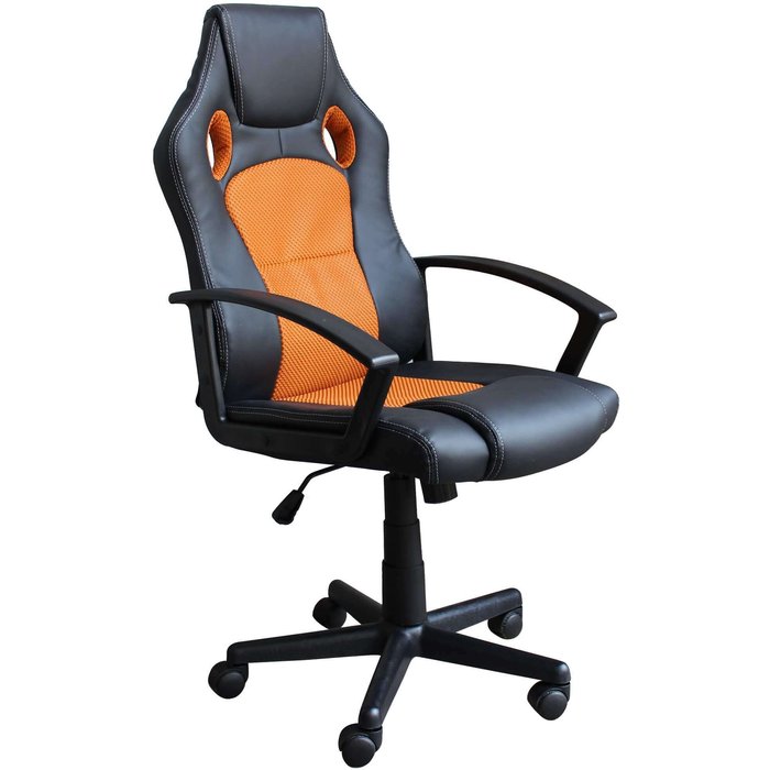 Sillón ergonómico de oficina y gaming en piel negra y tela naranja stark