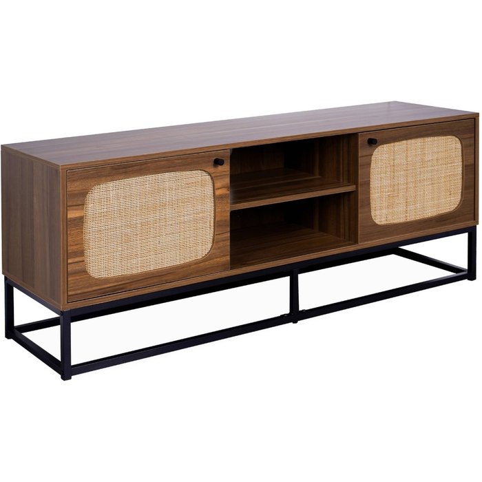 Soporte de tv de madera y caña redondeada 140cm, retro, natural, 140x40x55 cm