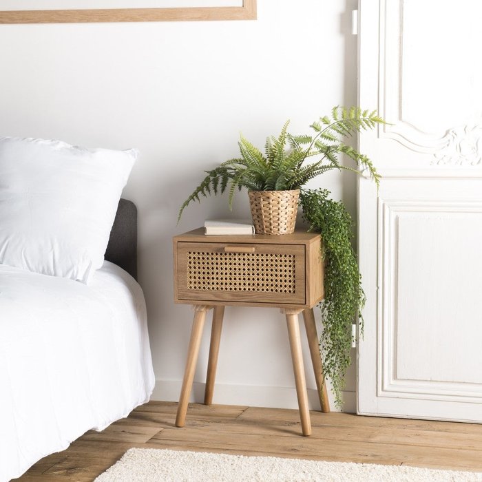 Romeo - mesilla de noche color natural con 1 cajón de caña