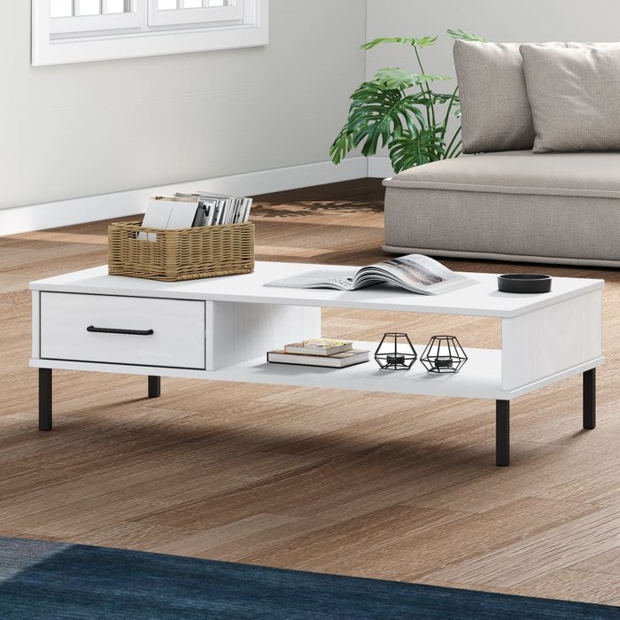 Mesa de centro con patas de metal blanco madera maciza de pino oslo