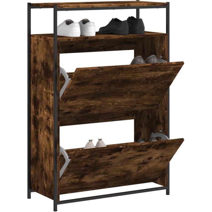 Zapatero de roble ahumado de 75x34x112 cm, fabricado en madera de ingeniería.