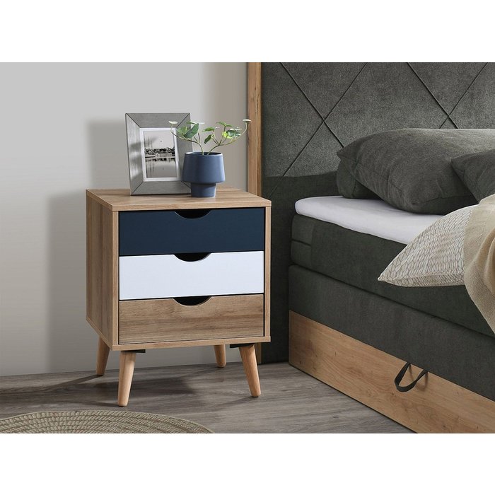 Mesita de noche 3 cajones - color: natural, blanco y azul marino - lurvia