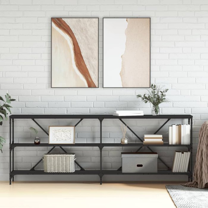 Mesa consola negra de 200x30x75 cm, fabricada en madera de ingeniería y hierro.