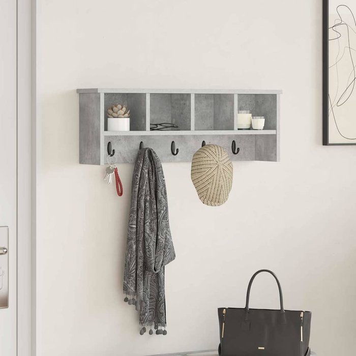 Perchero de pared con estante, color gris hormigón, 75 x 16 x 26 cm