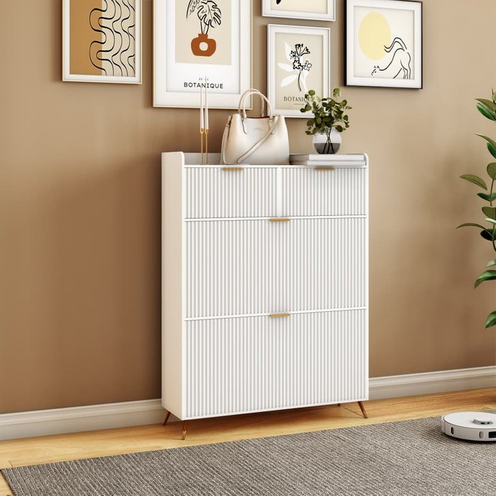 Zapatero de madera 2 niveles - patas madera maciza + hierro (blanco/dorado)