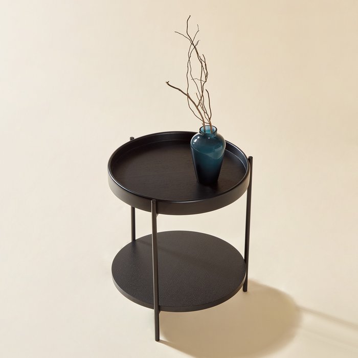 Mesa auxiliar 44x44x48 cm, doble bandeja, madera y mdf, estructura metal, negro