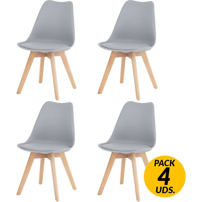 Pack de 4 sillas de comedor malmo patas madera gris 85x45x48 cm