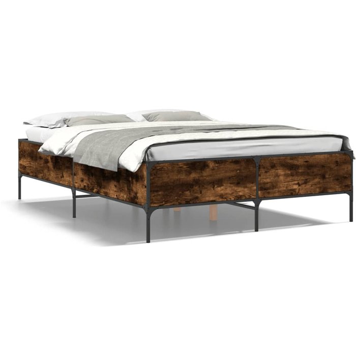Vidaxl estructura cama madera ingeniería metal roble ahumado 135x190cm