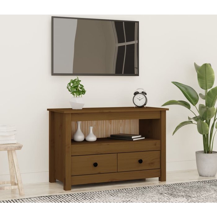 Mueble de tv marrón miel, 79x35x52 cm, madera maciza de pino