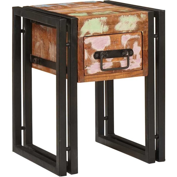 Mesita auxiliar con cajón, 30 x 30 x 40 cm, madera maciza reciclada.