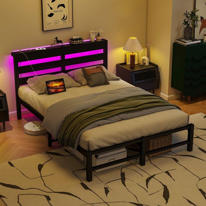 Cama doble 120x200 cm, led, usb, estructura metálica negra, sin colchón