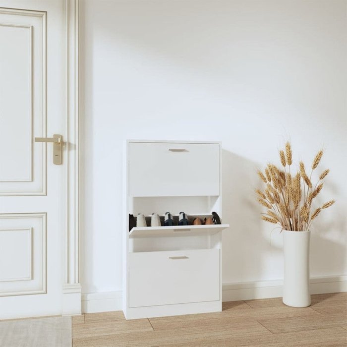 Vidaxl mueble zapatero madera contrachapada blanco brillo 59x17x108 cm