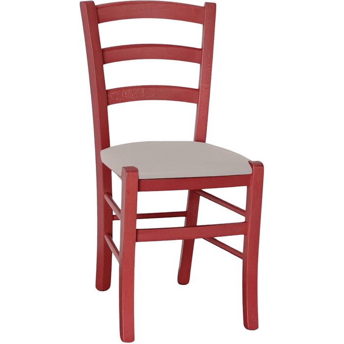 Silla veneciana de madera roja con asiento de piel sintética color gris tórtola