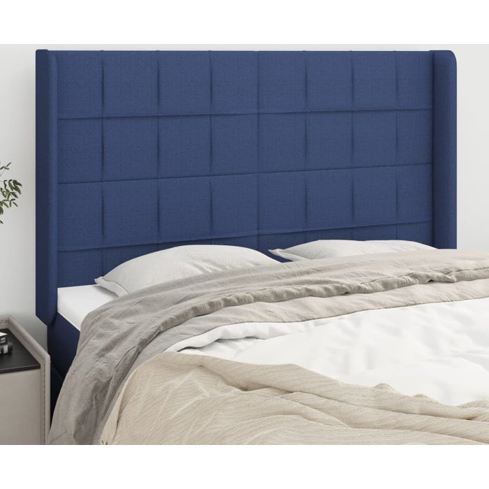 Cabecero con orejas de tela azul 147x16x118/128 cm