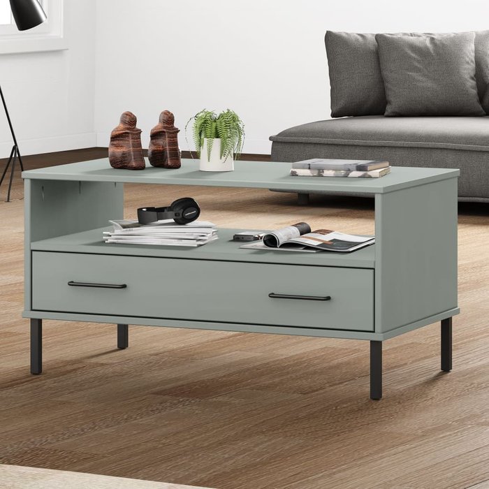 Mesa de centro con patas metálicas, gris, 85x50x45 cm, madera oslo