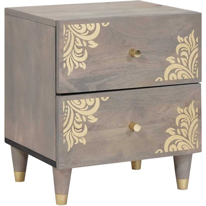 Mesilla de noche gris, 40 x 33 x 46 cm, madera maciza de mango