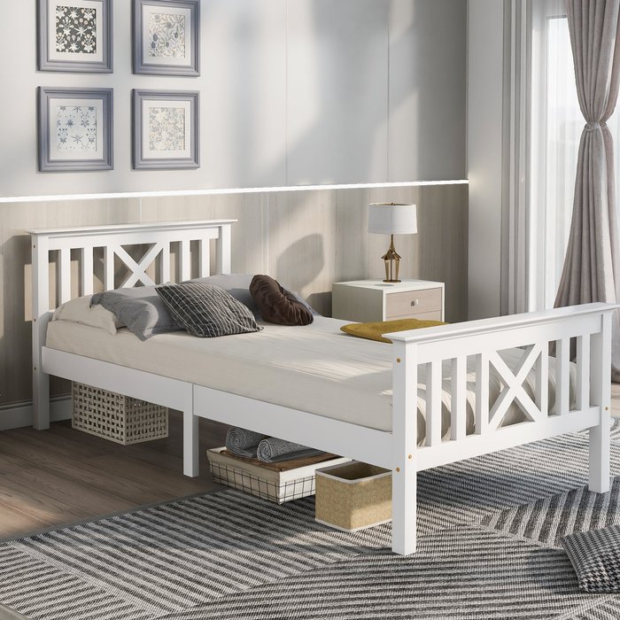 Cama individual 90x200 cm - somier de láminas de pino macizo - cabecero - blanco