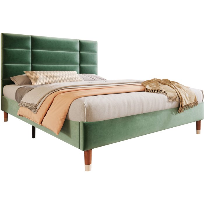 Cama doble 140x200cm - cama tapizada en terciopelo con somier y cabecero - verde