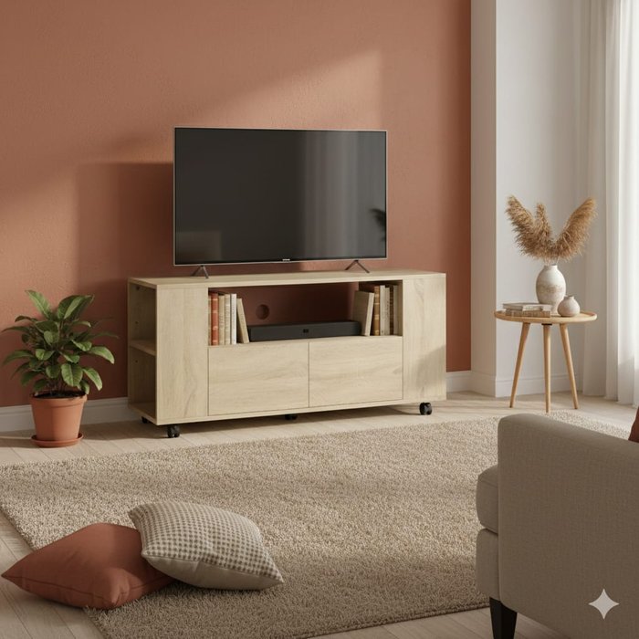 Mueble tv essenza con ruedas madera 102x34.5x48.5 cm cajones ajustable