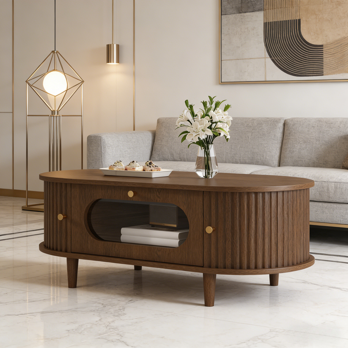 Mesa de centro ovalada 100 cm, 1 cajón, 2 puertas correderas, vidrio, marrón
