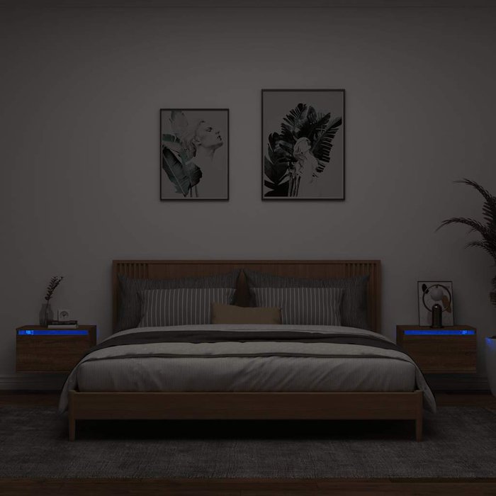 Mesitas de noche de pared con luces led 2 unidades roble marrón